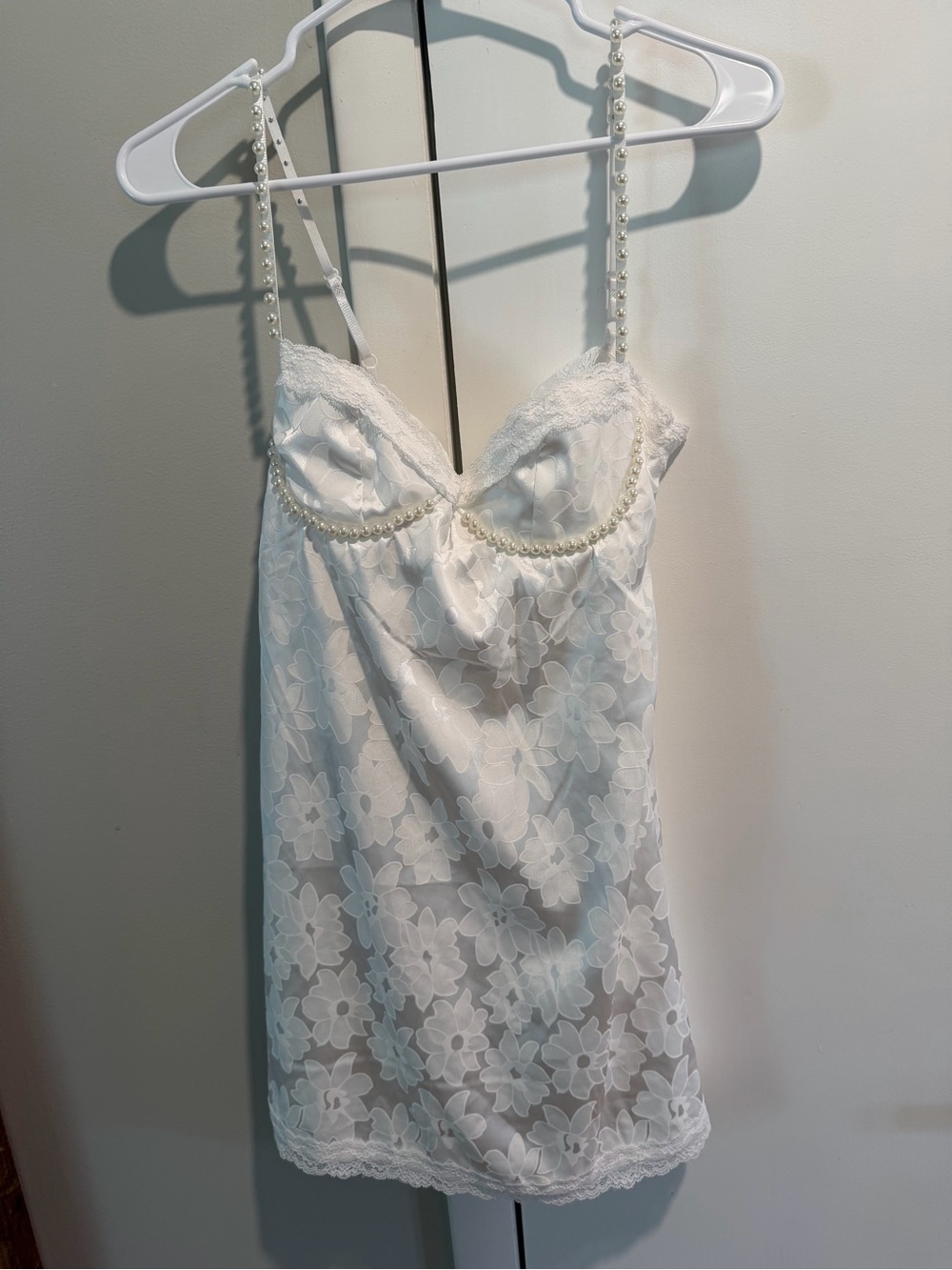 White Lace Floral Chemise with Pearl Straps